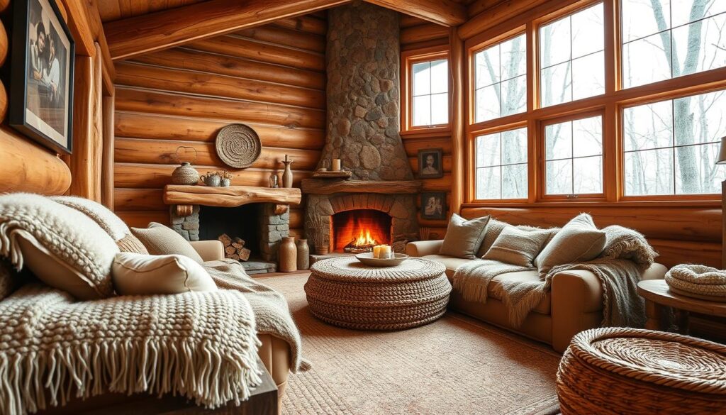 Gemütliche Textilien in Holzhütte Gemütliche Textilien in Holzhütte