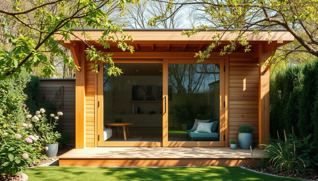 Holz-Gartenhaus mit modernen Glas-Schiebetüren