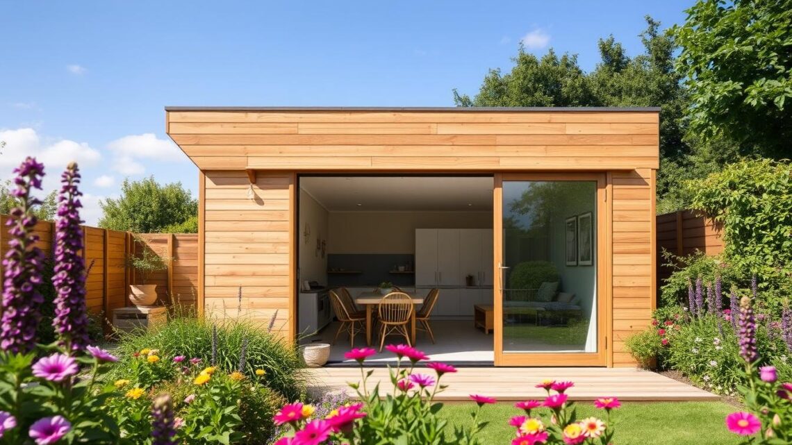 Holz-Gartenhaus mit Glas-Schiebetüren