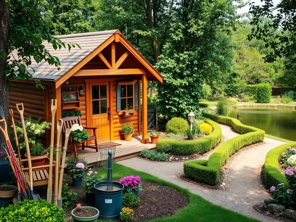 A quaint wooden garden house nestled in a lush, verdant landscape. The structure features a gabled roof, rustic wooden siding, and a charming front porch. The foreground showcases an array of garden tools, potted plants, and patio furniture, inviting the viewer to envision the cozy, functional living space. In the middle ground, a serene path winds through a well-manicured garden, flanked by blooming flowers and neatly trimmed hedges. The background is dominated by a tranquil pond, its surface reflecting the surrounding foliage and creating a peaceful, natural ambiance. The lighting is soft and natural, casting a warm, inviting glow over the entire scene, conveying a sense of domestic bliss and outdoor living.