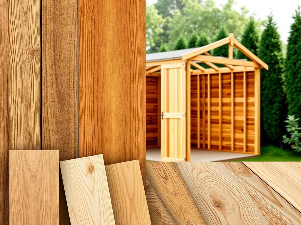 A well-crafted image depicting various wood types suitable for garden sheds, showcasing their unique grains, textures, and natural hues. The foreground features a selection of high-quality wooden planks, meticulously arranged to highlight the intricate patterns and tones of different hardwood species, such as oak, cedar, and pine. The middle ground presents a partially constructed garden shed, its frame showcasing the structural integrity and craftsmanship of the materials. In the background, a serene natural setting with lush greenery and a soft, diffused lighting creates a calming and inviting atmosphere, accentuating the beauty of the natural wood. The overall composition conveys the importance of material quality, wood types, and skilled workmanship in the construction of a durable and visually appealing garden structure.