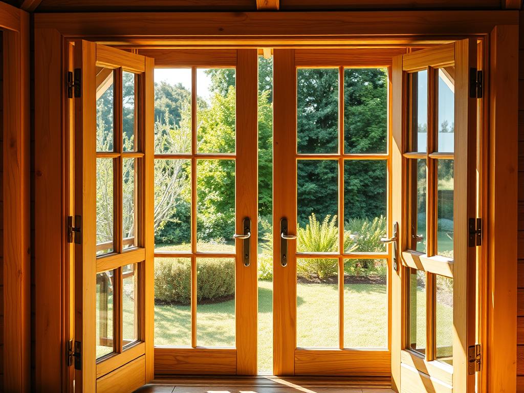 A well-crafted wooden garden house with high-quality windows and doors, bathed in warm, natural lighting. The intricate wooden frame and sashes are meticulously detailed, showcasing the skilled craftsmanship. The doors feature sturdy, elegant hinges and handles, inviting exploration. The windows offer a clear, unobstructed view of the lush, verdant garden beyond, creating a seamless connection between indoor and outdoor spaces. The overall scene exudes a sense of rustic charm and tranquility, perfectly suited for a cozy, serene retreat.