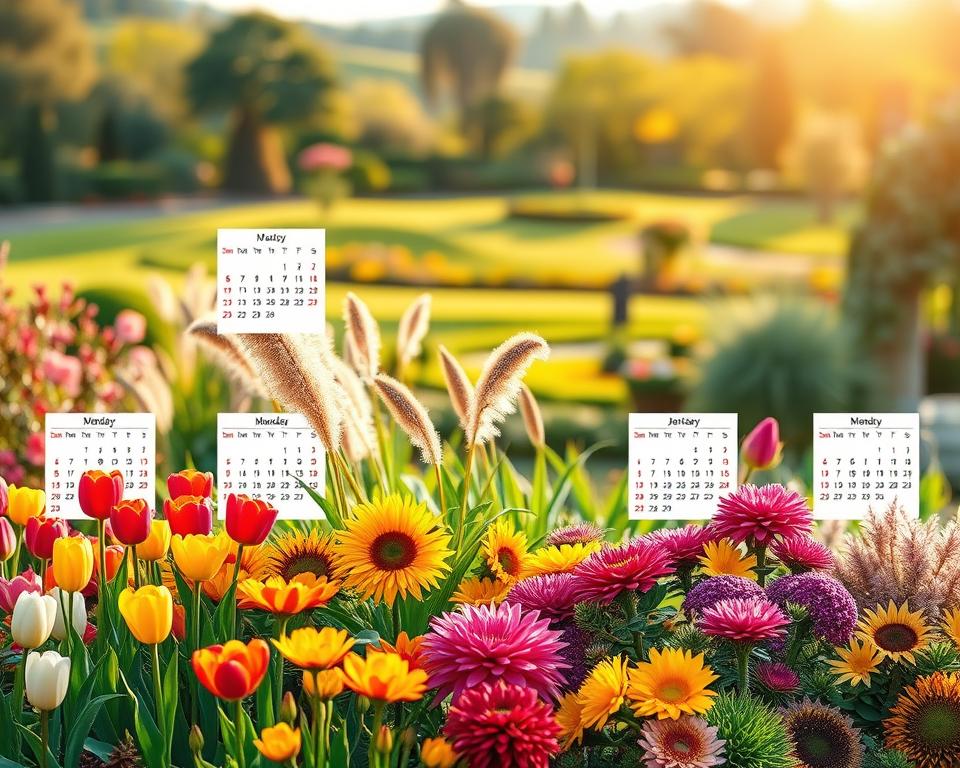 A beautifully arranged seasonal garden layout for a calendar design, depicting twelve distinct garden motifs representing each month. In the foreground, vibrant flowers such as tulips, sunflowers, and chrysanthemums in full bloom, harmoniously transitioning through colors reflecting the seasons. The middle ground features ornamental grasses and decorative plants, each one showcasing its unique textures and forms. In the background, a serene, softly blurred garden scene with gentle hills and trees, bathed in warm, natural sunlight. The mood is tranquil and inviting, evoking a sense of seasonal beauty and harmony. Ideal lighting captures the essence of each motif, highlighting the intricate details. A slightly elevated angle provides a comprehensive view of this picturesque garden landscape, enhancing its charm and allure. A beautifully arranged seasonal garden layout for a calendar design, depicting twelve distinct garden motifs representing each month. In the foreground, vibrant flowers such as tulips, sunflowers, and chrysanthemums in full bloom, harmoniously transitioning through colors reflecting the seasons. The middle ground features ornamental grasses and decorative plants, each one showcasing its unique textures and forms. In the background, a serene, softly blurred garden scene with gentle hills and trees, bathed in warm, natural sunlight. The mood is tranquil and inviting, evoking a sense of seasonal beauty and harmony. Ideal lighting captures the essence of each motif, highlighting the intricate details. A slightly elevated angle provides a comprehensive view of this picturesque garden landscape, enhancing its charm and allure.