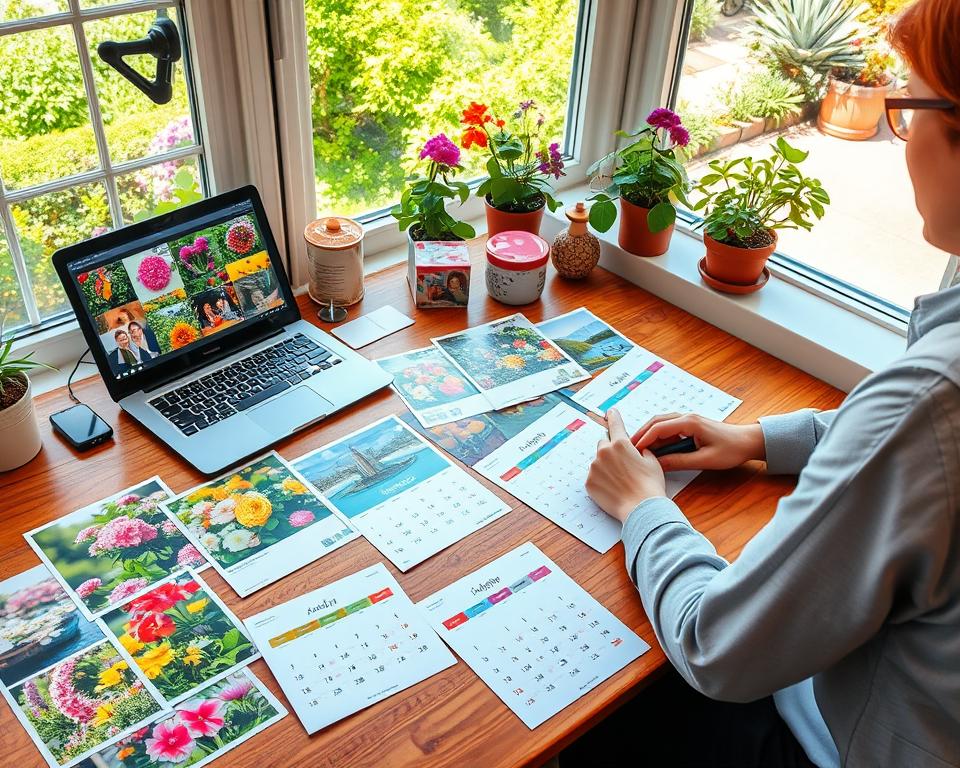 A beautifully arranged workspace showcasing the process of customizing a photo calendar with garden themes. In the foreground, a wooden desk is adorned with vibrant, printed images of blooming gardens featuring lush flowers and greenery. A person in smart casual attire is using a laptop, focused on designing the calendar, with an array of colorful garden motifs displayed on the screen. In the middle ground, several calendar templates are spread out, highlighting different layout options and illustrations. The background features a sunny window scene with pots of flowering plants and a garden view, bathed in natural light, creating a warm and inviting atmosphere. The scene conveys a sense of creativity and joy, perfect for personalizing a garden-themed photo calendar. A beautifully arranged workspace showcasing the process of customizing a photo calendar with garden themes. In the foreground, a wooden desk is adorned with vibrant, printed images of blooming gardens featuring lush flowers and greenery. A person in smart casual attire is using a laptop, focused on designing the calendar, with an array of colorful garden motifs displayed on the screen. In the middle ground, several calendar templates are spread out, highlighting different layout options and illustrations. The background features a sunny window scene with pots of flowering plants and a garden view, bathed in natural light, creating a warm and inviting atmosphere. The scene conveys a sense of creativity and joy, perfect for personalizing a garden-themed photo calendar.