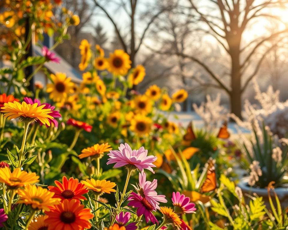 A beautifully curated garden scene capturing the essence of seasonal motifs across spring, summer, autumn, and winter. In the foreground, vibrant spring flowers bloom with dewdrops glistening in soft morning light. The middle ground features a lush summer garden with sunflowers and butterflies, creating a lively atmosphere. Transitioning into autumn, the scene showcases golden leaves gently falling, while the background reveals a serene winter wonderland with snow-covered trees. Utilize natural lighting to enhance colors and textures, with a warm golden hour glow illuminating the entire composition. The image should evoke a sense of tranquility and connection to nature, ideal for planning the best times for garden photography throughout the year. A beautifully curated garden scene capturing the essence of seasonal motifs across spring, summer, autumn, and winter. In the foreground, vibrant spring flowers bloom with dewdrops glistening in soft morning light. The middle ground features a lush summer garden with sunflowers and butterflies, creating a lively atmosphere. Transitioning into autumn, the scene showcases golden leaves gently falling, while the background reveals a serene winter wonderland with snow-covered trees. Utilize natural lighting to enhance colors and textures, with a warm golden hour glow illuminating the entire composition. The image should evoke a sense of tranquility and connection to nature, ideal for planning the best times for garden photography throughout the year.