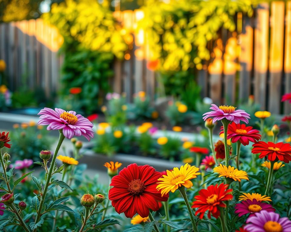 A serene garden scene, emphasizing beautifully edited floral motifs suitable for a photo calendar. In the foreground, a vibrant array of blooming flowers in rich colors like crimson, lavender, and sunny yellow, dew glistening on their petals. In the middle ground, a neatly arranged garden bed with manicured plants, enhanced by gentle post-processing effects that highlight their natural beauty. The background features a softly blurred wooden fence draped with greenery under the warm, golden hour sunlight, casting soft shadows and creating a tranquil atmosphere. The composition is shot with a shallow depth of field, using a 50mm lens to focus on the details of the blooms while the background offers a dreamy bokeh effect. The overall mood is peaceful and inviting, ideal for inspiring creativity in photo editing. A serene garden scene, emphasizing beautifully edited floral motifs suitable for a photo calendar. In the foreground, a vibrant array of blooming flowers in rich colors like crimson, lavender, and sunny yellow, dew glistening on their petals. In the middle ground, a neatly arranged garden bed with manicured plants, enhanced by gentle post-processing effects that highlight their natural beauty. The background features a softly blurred wooden fence draped with greenery under the warm, golden hour sunlight, casting soft shadows and creating a tranquil atmosphere. The composition is shot with a shallow depth of field, using a 50mm lens to focus on the details of the blooms while the background offers a dreamy bokeh effect. The overall mood is peaceful and inviting, ideal for inspiring creativity in photo editing.