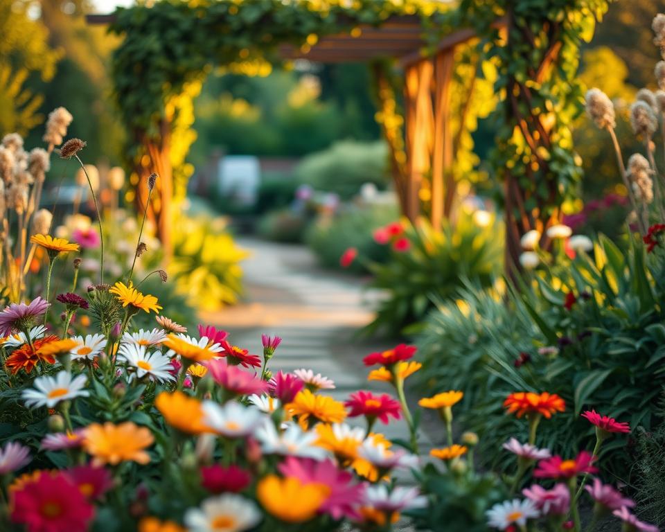 A serene garden scene that captures the essence of plant photography through thoughtful composition. In the foreground, a vibrant patch of blooming flowers in various colors, meticulously arranged with a shallow depth of field to highlight their intricate details. In the middle, a winding path leading deeper into the garden, flanked by lush greenery and ornamental plants. The background features a softly blurred trellis adorned with climbing vines, bathed in warm, natural sunlight, creating a golden hour ambiance. The scene is shot from a low angle to emphasize the height of the flowers and the richness of the foliage. The overall mood is peaceful and inviting, perfect for inspiring garden enthusiasts. A serene garden scene that captures the essence of plant photography through thoughtful composition. In the foreground, a vibrant patch of blooming flowers in various colors, meticulously arranged with a shallow depth of field to highlight their intricate details. In the middle, a winding path leading deeper into the garden, flanked by lush greenery and ornamental plants. The background features a softly blurred trellis adorned with climbing vines, bathed in warm, natural sunlight, creating a golden hour ambiance. The scene is shot from a low angle to emphasize the height of the flowers and the richness of the foliage. The overall mood is peaceful and inviting, perfect for inspiring garden enthusiasts.