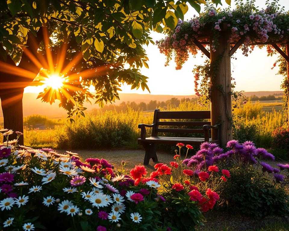 A tranquil garden scene captured during the golden hour, where warm sunlight filters through the vibrant leaves of lush trees, creating dappled light patterns on the soft ground below. In the foreground, a well-tended flower bed bursts with colorful blooms, ranging from delicate daisies to rich purple asters, their petals glistening as the sun sets. The middle ground features a rustic wooden bench, invitingly placed under a flowering arbor, with gentle shadows enhancing its weathered texture. In the background, the horizon shows a blend of soft oranges and pinks, framing the serene garden landscape. The atmosphere is calm and enchanting, evoking a sense of peace and harmony with nature, ideal for creating memorable garden photos. A tranquil garden scene captured during the golden hour, where warm sunlight filters through the vibrant leaves of lush trees, creating dappled light patterns on the soft ground below. In the foreground, a well-tended flower bed bursts with colorful blooms, ranging from delicate daisies to rich purple asters, their petals glistening as the sun sets. The middle ground features a rustic wooden bench, invitingly placed under a flowering arbor, with gentle shadows enhancing its weathered texture. In the background, the horizon shows a blend of soft oranges and pinks, framing the serene garden landscape. The atmosphere is calm and enchanting, evoking a sense of peace and harmony with nature, ideal for creating memorable garden photos.