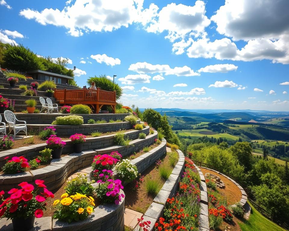 A beautiful terraced garden on a gentle hillside, showcasing multiple levels of lush greenery and colorful blooming flowers. In the foreground, well-structured, stone retaining walls support charming flower beds filled with vibrant annuals and perennials. The middle layer features wooden decks adorned with comfortable outdoor furniture, inviting relaxation and enjoyment of the view. In the background, a serene landscape unfolds, with rolling hills under a bright blue sky sprinkled with fluffy white clouds. Soft, warm sunlight bathes the scene, creating a peaceful atmosphere. Capture this idyllic garden from a slightly elevated angle to emphasize the terraced layout and the harmonious blend of nature and design. A beautiful terraced garden on a gentle hillside, showcasing multiple levels of lush greenery and colorful blooming flowers. In the foreground, well-structured, stone retaining walls support charming flower beds filled with vibrant annuals and perennials. The middle layer features wooden decks adorned with comfortable outdoor furniture, inviting relaxation and enjoyment of the view. In the background, a serene landscape unfolds, with rolling hills under a bright blue sky sprinkled with fluffy white clouds. Soft, warm sunlight bathes the scene, creating a peaceful atmosphere. Capture this idyllic garden from a slightly elevated angle to emphasize the terraced layout and the harmonious blend of nature and design.