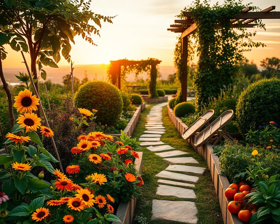 A beautifully arranged mix garden showcasing a harmonious blend of vegetables, flowers, and herbs. In the foreground, vibrant and colorful blooms like sunflowers and marigolds intermingle with leafy greens and ripe tomatoes, all thriving in neatly organized raised beds. The middle ground features a winding path made of natural stone, leading deeper into the garden where lush shrubs provide a gentle backdrop. A wooden pergola draped with climbing vines enhances the scene. In the background, a soft-focus view of a tranquil sky during golden hour casts a warm, inviting light over the garden, creating a serene and uplifting atmosphere. The overall mood is one of abundance and harmony, evoking a sense of peace and connection with nature. A beautifully arranged mix garden showcasing a harmonious blend of vegetables, flowers, and herbs. In the foreground, vibrant and colorful blooms like sunflowers and marigolds intermingle with leafy greens and ripe tomatoes, all thriving in neatly organized raised beds. The middle ground features a winding path made of natural stone, leading deeper into the garden where lush shrubs provide a gentle backdrop. A wooden pergola draped with climbing vines enhances the scene. In the background, a soft-focus view of a tranquil sky during golden hour casts a warm, inviting light over the garden, creating a serene and uplifting atmosphere. The overall mood is one of abundance and harmony, evoking a sense of peace and connection with nature.