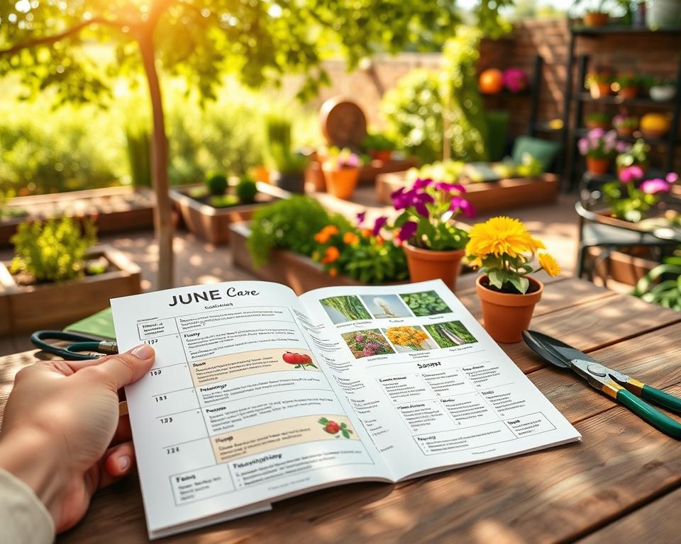 A beautifully designed garden care calendar lies open on a rustic wooden table, adorned with fresh gardening tools like pruners and trowels. In the foreground, a hand gently highlights the month of June, marked with detailed notes about summer planting tasks. The middle ground features vibrant blooming flowers and lush green plants, showcasing different seasonal crops and herbs. The soft, warm sunlight filters through the leaves of nearby trees, casting dappled shadows on the table. In the background, a quaint garden scene is visible, complete with raised beds, decorative garden elements, and a serene atmosphere of nature in bloom. The mood is tranquil and inspiring, reflecting the joy of seasonal gardening care and planning throughout the year. A beautifully designed garden care calendar lies open on a rustic wooden table, adorned with fresh gardening tools like pruners and trowels. In the foreground, a hand gently highlights the month of June, marked with detailed notes about summer planting tasks. The middle ground features vibrant blooming flowers and lush green plants, showcasing different seasonal crops and herbs. The soft, warm sunlight filters through the leaves of nearby trees, casting dappled shadows on the table. In the background, a quaint garden scene is visible, complete with raised beds, decorative garden elements, and a serene atmosphere of nature in bloom. The mood is tranquil and inspiring, reflecting the joy of seasonal gardening care and planning throughout the year.