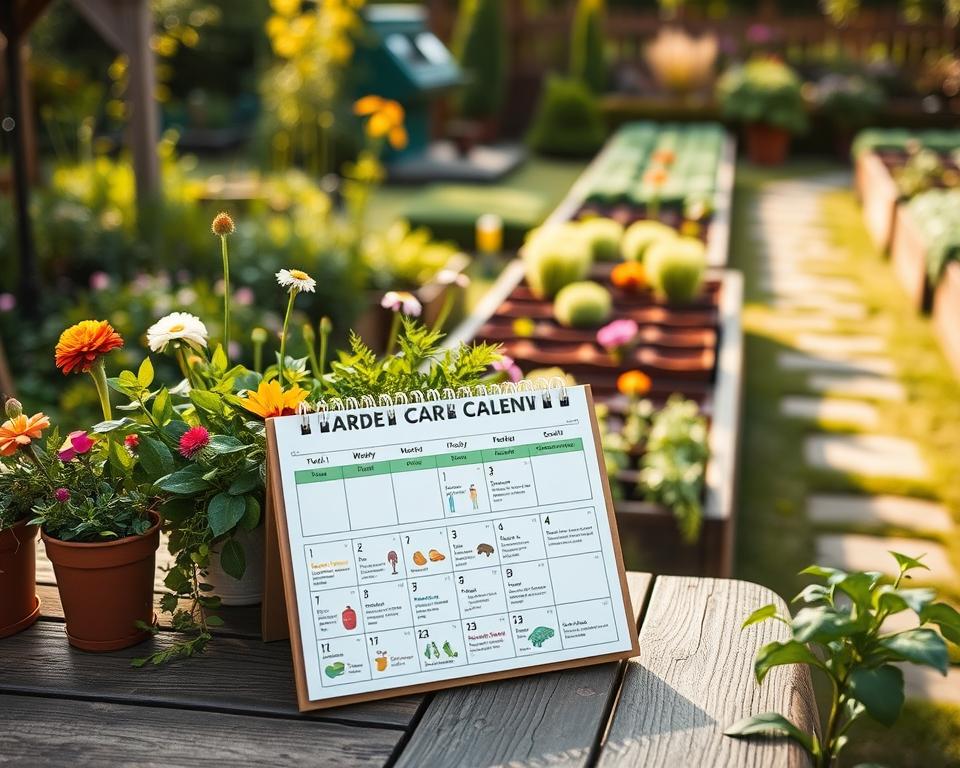 A beautifully designed garden care calendar prominently displayed on a wooden garden table. In the foreground, a close-up of the calendar shows colorful illustrations marking seasonal gardening tasks like planting, pruning, and watering. The middle layer features fresh, vibrant plants and flowers arranged artistically around the calendar, highlighting a variety of textures and colors. In the background, a serene garden scene unfolds with greenery, neatly arranged raised beds, and a soft-focus garden path, illuminated by warm, natural sunlight. The atmosphere is calm and inviting, evoking a sense of organization and ease. The composition should depict a sense of harmony between the calendar and the flourishing garden environment, all captured with a soft depth of field to emphasize the calendar's importance in garden maintenance.