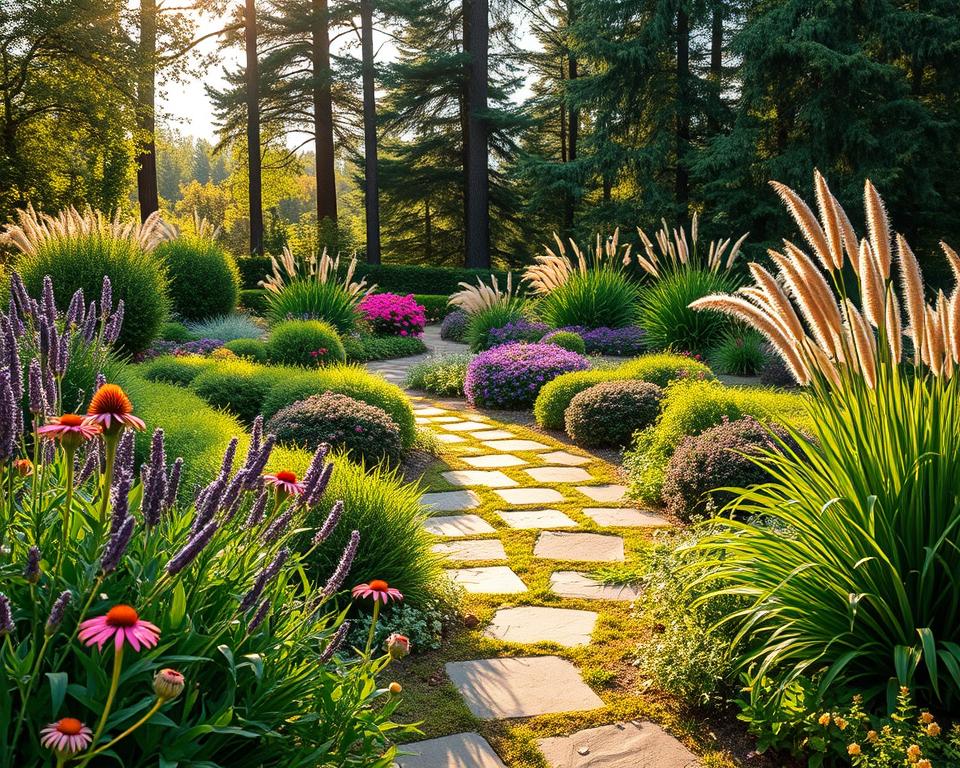 A beautifully designed garden layout showcasing a diverse plant concept, emphasizing harmonious combinations of flowers, shrubs, and ornamental grasses. In the foreground, display vibrant blooms like lavender and coneflowers alongside lush green foliage. The middle ground features carefully arranged plant groups, integrating various heights and colors to create visual interest, while a stone path meanders through the space. In the background, introduce a backdrop of tall trees with dappled sunlight shining through their leaves, casting soft shadows on the ground. The scene is bathed in warm, golden hour light, creating a serene and inviting atmosphere. Focus on the lush variety of textures and colors, capturing the essence of a carefully curated mix garden design. A beautifully designed garden layout showcasing a diverse plant concept, emphasizing harmonious combinations of flowers, shrubs, and ornamental grasses. In the foreground, display vibrant blooms like lavender and coneflowers alongside lush green foliage. The middle ground features carefully arranged plant groups, integrating various heights and colors to create visual interest, while a stone path meanders through the space. In the background, introduce a backdrop of tall trees with dappled sunlight shining through their leaves, casting soft shadows on the ground. The scene is bathed in warm, golden hour light, creating a serene and inviting atmosphere. Focus on the lush variety of textures and colors, capturing the essence of a carefully curated mix garden design.