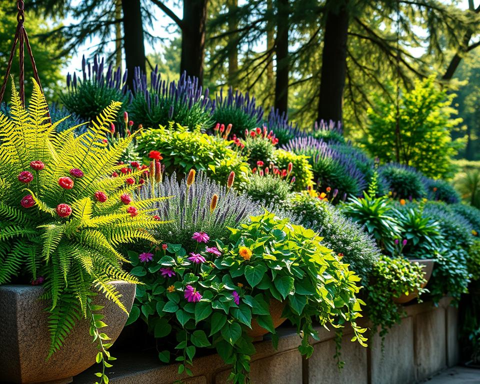 A beautifully designed hanging garden showcasing a variety of robust plants suitable for both sunny and shady areas. In the foreground, vibrant green ferns and clusters of colorful wildflowers thrive beside lush, trailing ivy cascading from stone planters. The middle layer features a diverse mix of perennials like lavender and sedum, artfully arranged along a gently sloping hillside. In the background, tall trees create dappled sunlight, illuminating the scene with a warm, inviting glow. The angle captures a panoramic view of the garden, emphasizing the harmonious blend of textures and colors, evoking a serene and thriving green paradise. Soft, natural lighting enhances the freshness, vitality, and tranquility of this outdoor space. A beautifully designed hanging garden showcasing a variety of robust plants suitable for both sunny and shady areas. In the foreground, vibrant green ferns and clusters of colorful wildflowers thrive beside lush, trailing ivy cascading from stone planters. The middle layer features a diverse mix of perennials like lavender and sedum, artfully arranged along a gently sloping hillside. In the background, tall trees create dappled sunlight, illuminating the scene with a warm, inviting glow. The angle captures a panoramic view of the garden, emphasizing the harmonious blend of textures and colors, evoking a serene and thriving green paradise. Soft, natural lighting enhances the freshness, vitality, and tranquility of this outdoor space.