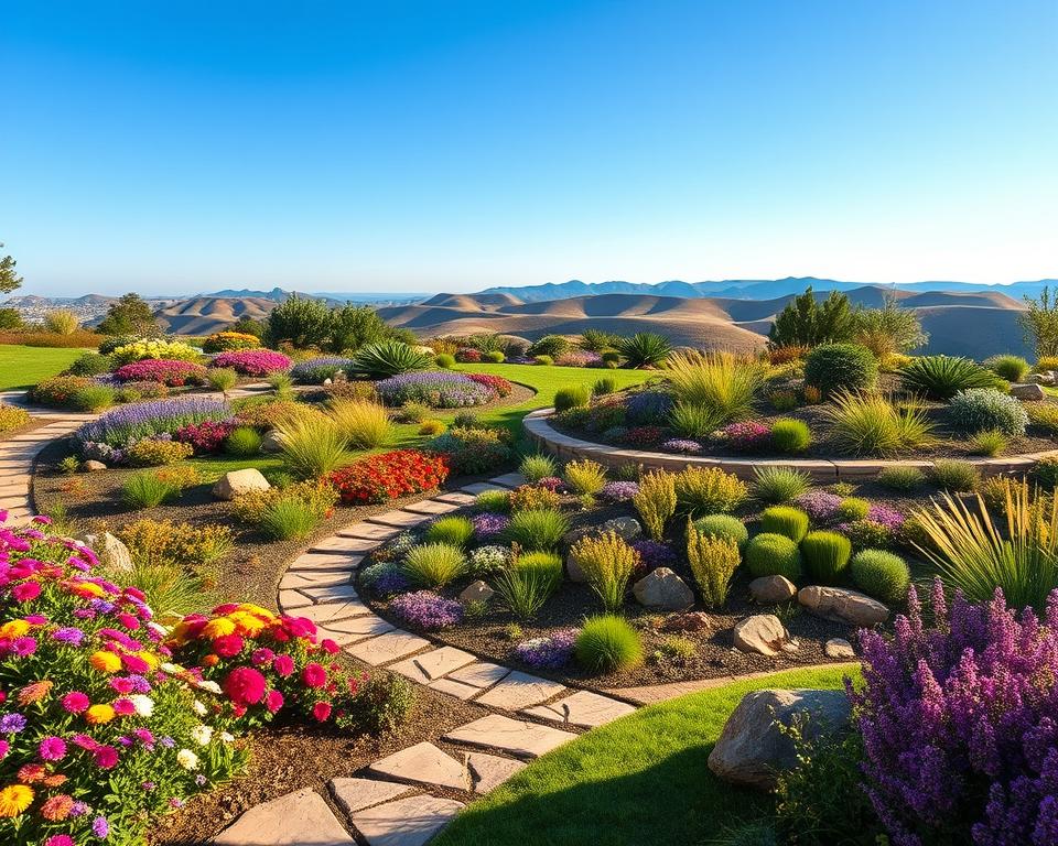 A beautifully designed hillside garden concept, showcasing multiple terraced levels filled with a variety of vibrant flowers, lush greenery, and decorative rocks. In the foreground, a winding stone pathway invites visitors to explore, surrounded by colorful blooms. The middle section features well-structured plant beds with native shrubs and ornamental grasses, creating a sense of elegance and harmony. In the background, gentle slopes transition into a serene backdrop of soft rolling hills under a clear blue sky. The scene is illuminated by warm, golden sunlight, enhancing the colors and textures. The mood is tranquil and inviting, ideal for a peaceful outdoor retreat. Capture this from a slightly elevated angle to emphasize the layers of landscaping, showcasing effective design elements and natural beauty. A beautifully designed hillside garden concept, showcasing multiple terraced levels filled with a variety of vibrant flowers, lush greenery, and decorative rocks. In the foreground, a winding stone pathway invites visitors to explore, surrounded by colorful blooms. The middle section features well-structured plant beds with native shrubs and ornamental grasses, creating a sense of elegance and harmony. In the background, gentle slopes transition into a serene backdrop of soft rolling hills under a clear blue sky. The scene is illuminated by warm, golden sunlight, enhancing the colors and textures. The mood is tranquil and inviting, ideal for a peaceful outdoor retreat. Capture this from a slightly elevated angle to emphasize the layers of landscaping, showcasing effective design elements and natural beauty.