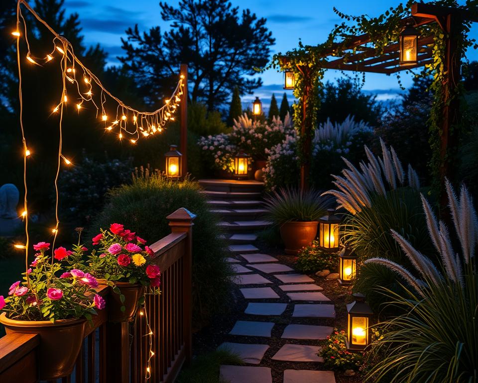 A beautifully designed hillside garden illuminated softly by elegant outdoor lighting. In the foreground, delicate string lights drape along a wooden railing and wrap around lush potted plants filled with vibrant flowers. The middle ground features a charming path leading upward, with strategically placed lanterns casting a warm glow on blossoming shrubs and ornamental grasses, creating inviting pockets of light. In the background, glimpses of a twilight sky peek through a trellis adorned with climbing vines, enhancing the serene atmosphere. The scene is peaceful and enchanting, conveying a sense of tranquility perfect for an evening in the garden. The lighting is soft, reminiscent of golden hour, giving the image a warm, inviting ambiance. A beautifully designed hillside garden illuminated softly by elegant outdoor lighting. In the foreground, delicate string lights drape along a wooden railing and wrap around lush potted plants filled with vibrant flowers. The middle ground features a charming path leading upward, with strategically placed lanterns casting a warm glow on blossoming shrubs and ornamental grasses, creating inviting pockets of light. In the background, glimpses of a twilight sky peek through a trellis adorned with climbing vines, enhancing the serene atmosphere. The scene is peaceful and enchanting, conveying a sense of tranquility perfect for an evening in the garden. The lighting is soft, reminiscent of golden hour, giving the image a warm, inviting ambiance.