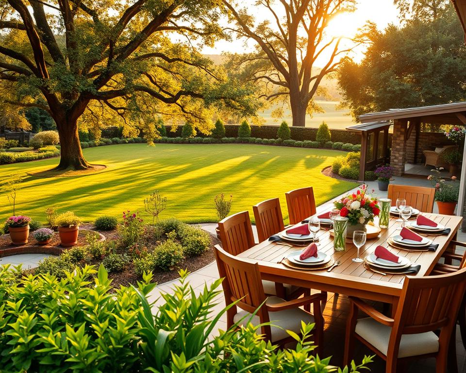 A beautifully designed outdoor dining area suitable for a family, featuring a large wooden dining table surrounded by comfortable chairs. In the foreground, the table is set with tasteful dinnerware, including plates, glasses, and floral centerpieces. The middle ground showcases vibrant greenery, with well-maintained flower beds and a variety of potted plants. In the background, a serene garden landscape includes a soft lawn, shaded by tall trees with dappled sunlight filtering through the leaves. The scene is bathed in warm, golden hour lighting, creating an inviting and cozy atmosphere. Capture this from a slightly elevated angle to provide a comprehensive view of the space, evoking a sense of warmth and family togetherness. A beautifully designed outdoor dining area suitable for a family, featuring a large wooden dining table surrounded by comfortable chairs. In the foreground, the table is set with tasteful dinnerware, including plates, glasses, and floral centerpieces. The middle ground showcases vibrant greenery, with well-maintained flower beds and a variety of potted plants. In the background, a serene garden landscape includes a soft lawn, shaded by tall trees with dappled sunlight filtering through the leaves. The scene is bathed in warm, golden hour lighting, creating an inviting and cozy atmosphere. Capture this from a slightly elevated angle to provide a comprehensive view of the space, evoking a sense of warmth and family togetherness.