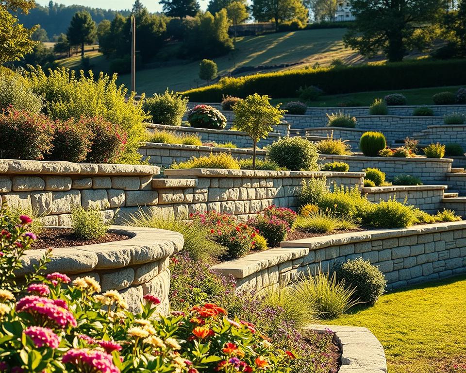 A beautifully designed terraced garden featuring a sturdy, stylish retaining wall (Stützmauer) made of natural stone, supporting a lush, blooming landscape. In the foreground, a mix of colorful flowers and vibrant green plants spill over the edges of the wall, creating a seamless transition from hardscape to softscape. The middle ground captures the retaining wall's textural details, with sunlight casting gentle shadows, highlighting the craftsmanship and stability. In the background, a serene hillside dotted with trees and shrubs adds depth to the scene. The overall atmosphere is peaceful and inviting, bathed in warm, golden afternoon light, conveying a sense of harmony between nature and design. The camera angle is slightly elevated, emphasizing the structure and layout of the garden while keeping the scene well-balanced and aesthetically pleasing. A beautifully designed terraced garden featuring a sturdy, stylish retaining wall (Stützmauer) made of natural stone, supporting a lush, blooming landscape. In the foreground, a mix of colorful flowers and vibrant green plants spill over the edges of the wall, creating a seamless transition from hardscape to softscape. The middle ground captures the retaining wall's textural details, with sunlight casting gentle shadows, highlighting the craftsmanship and stability. In the background, a serene hillside dotted with trees and shrubs adds depth to the scene. The overall atmosphere is peaceful and inviting, bathed in warm, golden afternoon light, conveying a sense of harmony between nature and design. The camera angle is slightly elevated, emphasizing the structure and layout of the garden while keeping the scene well-balanced and aesthetically pleasing.