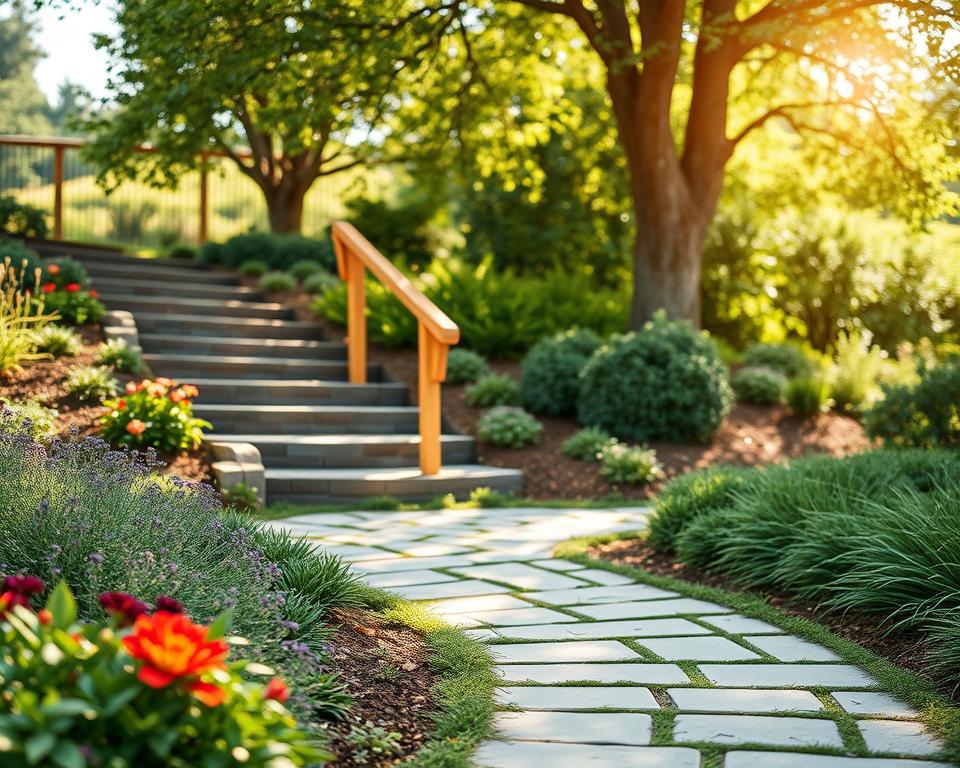 A beautifully landscaped garden path that showcases safety and accessibility, lined with meticulously arranged stone pavers and vibrant, lush greenery. In the foreground, a gently curved, wide path invites exploration, bordered by flowering plants and soft, low-maintenance ground cover. The middle ground features a sturdy wooden handrail leading up to a set of hand-carved steps that seamlessly blend into the garden design. In the background, a serene garden ambiance is enhanced by dappled sunlight filtering through the leaves of overhanging trees. The scene is warm and inviting, embodying a sense of tranquility and harmony, captured with a soft focus lens to evoke a peaceful atmosphere. The overall composition emphasizes the importance of safe and comfortable walking areas in a garden setting. A beautifully landscaped garden path that showcases safety and accessibility, lined with meticulously arranged stone pavers and vibrant, lush greenery. In the foreground, a gently curved, wide path invites exploration, bordered by flowering plants and soft, low-maintenance ground cover. The middle ground features a sturdy wooden handrail leading up to a set of hand-carved steps that seamlessly blend into the garden design. In the background, a serene garden ambiance is enhanced by dappled sunlight filtering through the leaves of overhanging trees. The scene is warm and inviting, embodying a sense of tranquility and harmony, captured with a soft focus lens to evoke a peaceful atmosphere. The overall composition emphasizes the importance of safe and comfortable walking areas in a garden setting.