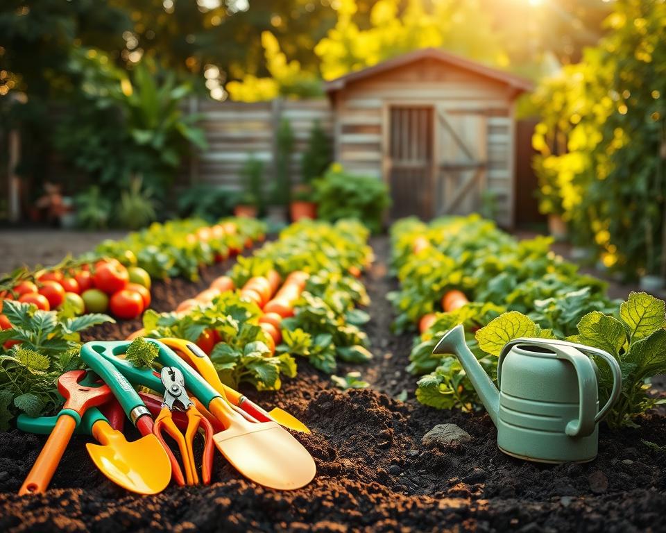A beautifully organized vegetable garden showcasing an array of colorful garden tools. In the foreground, there are bright, vibrant hand tools like a trowel, pruners, and a watering can, resting on rich, dark soil. In the middle ground, healthy rows of vegetables such as tomatoes, carrots, and leafy greens thrive under soft, warm sunlight. The background features a rustic wooden shed surrounded by lush greenery, adding depth to the scene. The lighting is soft and inviting, suggesting a warm afternoon, with golden rays illuminating the tools and plants. The overall mood is calm and productive, reflecting a well-maintained, easy-care vegetable garden. A beautifully organized vegetable garden showcasing an array of colorful garden tools. In the foreground, there are bright, vibrant hand tools like a trowel, pruners, and a watering can, resting on rich, dark soil. In the middle ground, healthy rows of vegetables such as tomatoes, carrots, and leafy greens thrive under soft, warm sunlight. The background features a rustic wooden shed surrounded by lush greenery, adding depth to the scene. The lighting is soft and inviting, suggesting a warm afternoon, with golden rays illuminating the tools and plants. The overall mood is calm and productive, reflecting a well-maintained, easy-care vegetable garden.