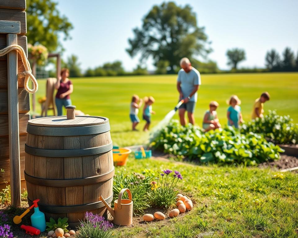 A charming family garden scene showcasing a sustainable rainwater collection system. In the foreground, a rustic wooden rain barrel sits by a vibrant patch of flowers, with a small watering can and colorful garden tools scattered around. The middle ground features children playing joyfully alongside a lush vegetable patch, while a parent gently waters the plants using a hose connected to the rain barrel. In the background, a well-tended lawn extends under a clear blue sky, with trees providing shade. Soft, warm lighting enhances the joyful atmosphere, while a slight depth of field blurs the background, drawing focus to the family interactions and the rainwater setup. A charming family garden scene showcasing a sustainable rainwater collection system. In the foreground, a rustic wooden rain barrel sits by a vibrant patch of flowers, with a small watering can and colorful garden tools scattered around. The middle ground features children playing joyfully alongside a lush vegetable patch, while a parent gently waters the plants using a hose connected to the rain barrel. In the background, a well-tended lawn extends under a clear blue sky, with trees providing shade. Soft, warm lighting enhances the joyful atmosphere, while a slight depth of field blurs the background, drawing focus to the family interactions and the rainwater setup.