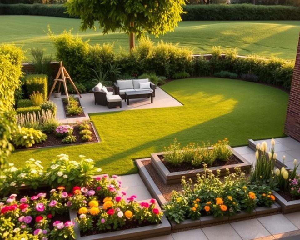 A detailed garden layout plan showcasing various sections for a family garden, designed to optimize space. The foreground presents colorful flowerbeds with seasonal blooms, and a neatly arranged vegetable patch. In the middle ground, a cozy seating area with modern garden furniture, surrounded by lush greenery, and a small children's play zone. The background features a gently sloping lawn bordered by trees and shrubs for privacy. The lighting is soft, simulating a warm, late afternoon sun. The scene is viewed from a slightly elevated angle, capturing the harmonious blend of functionality and aesthetics. The mood is inviting and serene, highlighting the potential of a well-planned family garden space. A detailed garden layout plan showcasing various sections for a family garden, designed to optimize space. The foreground presents colorful flowerbeds with seasonal blooms, and a neatly arranged vegetable patch. In the middle ground, a cozy seating area with modern garden furniture, surrounded by lush greenery, and a small children's play zone. The background features a gently sloping lawn bordered by trees and shrubs for privacy. The lighting is soft, simulating a warm, late afternoon sun. The scene is viewed from a slightly elevated angle, capturing the harmonious blend of functionality and aesthetics. The mood is inviting and serene, highlighting the potential of a well-planned family garden space.