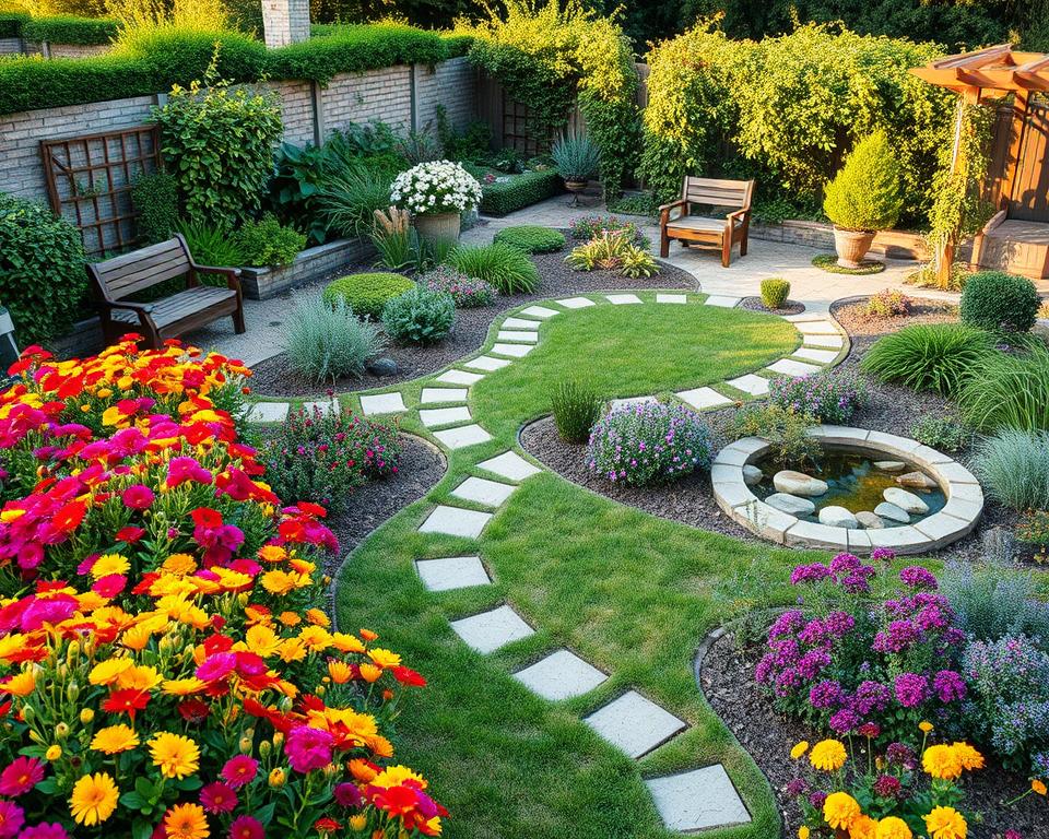 A detailed garden plan layout illustrating "Gartenzonierung," showcasing various zones for a mixed garden design. In the foreground, vibrant flower beds are meticulously arranged with rich colors and textures, integrated pathways winding through them. The middle ground features a gently curved pathway, bordered by small shrubs and decorative stones, leading to distinct garden sections including a vegetable patch and a relaxation area with benches and planters. The background includes a trellis covered with climbing vines and a miniature water feature, surrounded by lush greenery. Soft, warm afternoon sunlight bathes the scene, casting gentle shadows and creating a serene atmosphere, reminiscent of a tranquil outdoor space. The image should capture the essence of thoughtful garden zoning and layout planning. A detailed garden plan layout illustrating "Gartenzonierung," showcasing various zones for a mixed garden design. In the foreground, vibrant flower beds are meticulously arranged with rich colors and textures, integrated pathways winding through them. The middle ground features a gently curved pathway, bordered by small shrubs and decorative stones, leading to distinct garden sections including a vegetable patch and a relaxation area with benches and planters. The background includes a trellis covered with climbing vines and a miniature water feature, surrounded by lush greenery. Soft, warm afternoon sunlight bathes the scene, casting gentle shadows and creating a serene atmosphere, reminiscent of a tranquil outdoor space. The image should capture the essence of thoughtful garden zoning and layout planning.