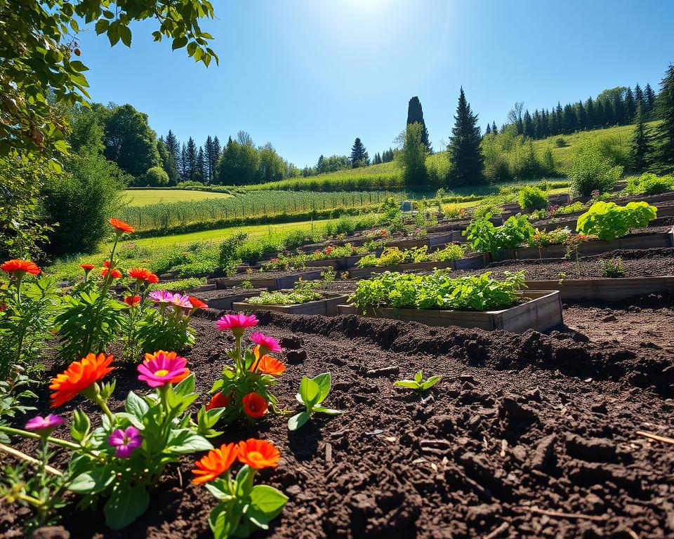 A landscape featuring a beautifully designed sloped garden with terraced vegetable beds, rich dark brown soil, and vibrant green plants. In the foreground, an array of colorful flowers and herbs border the garden beds, showcasing a variety of textures and colors. The middle ground displays neatly arranged raised garden beds filled with healthy vegetables like tomatoes, peppers, and leafy greens, radiating vitality. In the background, the gentle slope of the garden leads up to lush greenery and few tall trees under a bright blue sky. Soft sunlight filters through the leaves, creating a warm and inviting atmosphere. The angle captures the depth of the garden, emphasizing the layers of planting and the artful arrangement, evoking a sense of tranquility and the joy of gardening. A landscape featuring a beautifully designed sloped garden with terraced vegetable beds, rich dark brown soil, and vibrant green plants. In the foreground, an array of colorful flowers and herbs border the garden beds, showcasing a variety of textures and colors. The middle ground displays neatly arranged raised garden beds filled with healthy vegetables like tomatoes, peppers, and leafy greens, radiating vitality. In the background, the gentle slope of the garden leads up to lush greenery and few tall trees under a bright blue sky. Soft sunlight filters through the leaves, creating a warm and inviting atmosphere. The angle captures the depth of the garden, emphasizing the layers of planting and the artful arrangement, evoking a sense of tranquility and the joy of gardening.