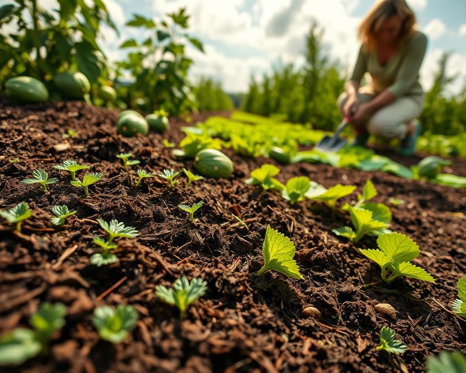 A lush vegetable garden scene focusing on organic weed management techniques. In the foreground, a close-up of rich, dark soil with freshly laid mulch, showing distinct layers. Interspersed are clumps of vibrant green vegetables, such as tomatoes and zucchinis, with some small weeds being carefully removed with a hand hoe. In the middle ground, a gardener in modest casual clothing is kneeling, gently applying mulch around the plants, showcasing a careful technique. Patches of vibrant green cover crops or fabric mulches spread out, illustrating the methods of covering soil. The background features a bright, sunny sky with soft clouds, hinting at a peaceful, productive atmosphere filled with the sounds of nature. The lighting is warm and natural, emphasizing the richness of the garden's colors. A lush vegetable garden scene focusing on organic weed management techniques. In the foreground, a close-up of rich, dark soil with freshly laid mulch, showing distinct layers. Interspersed are clumps of vibrant green vegetables, such as tomatoes and zucchinis, with some small weeds being carefully removed with a hand hoe. In the middle ground, a gardener in modest casual clothing is kneeling, gently applying mulch around the plants, showcasing a careful technique. Patches of vibrant green cover crops or fabric mulches spread out, illustrating the methods of covering soil. The background features a bright, sunny sky with soft clouds, hinting at a peaceful, productive atmosphere filled with the sounds of nature. The lighting is warm and natural, emphasizing the richness of the garden's colors.