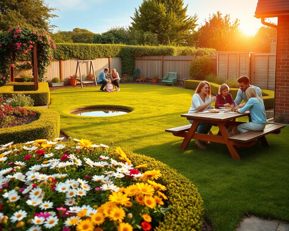 A picturesque family garden scene, showcasing various landscaping ideas. In the foreground, a well-maintained flower bed bursting with colorful blooms like daisies and sunflowers. Next to it, a wooden picnic table with a family gathered around, enjoying a meal together, dressed in casual yet modest clothing. The middle ground features a lush green lawn bordered by neatly trimmed hedges, with a small children’s play area, including a swing set and sandbox. In the background, a trellis adorned with climbing roses and a small pond reflecting the blue sky. Soft, warm lighting of a late afternoon sun creates a cozy and inviting atmosphere, with gentle shadows cast across the garden. The scene is framed from a slightly elevated angle, capturing the essence of a family-friendly outdoor space. A picturesque family garden scene, showcasing various landscaping ideas. In the foreground, a well-maintained flower bed bursting with colorful blooms like daisies and sunflowers. Next to it, a wooden picnic table with a family gathered around, enjoying a meal together, dressed in casual yet modest clothing. The middle ground features a lush green lawn bordered by neatly trimmed hedges, with a small children’s play area, including a swing set and sandbox. In the background, a trellis adorned with climbing roses and a small pond reflecting the blue sky. Soft, warm lighting of a late afternoon sun creates a cozy and inviting atmosphere, with gentle shadows cast across the garden. The scene is framed from a slightly elevated angle, capturing the essence of a family-friendly outdoor space.