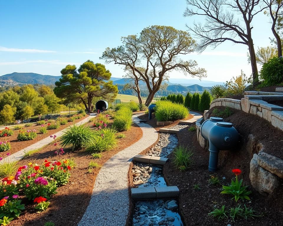 A scenic hillside garden illustrating effective drainage and rainwater management techniques. In the foreground, a beautifully landscaped garden showcases terraced planting beds with vibrant flowers and lush greenery, accented by a well-designed gravel pathway directing rainwater flow. In the middle ground, strategically placed perforated drainage pipes and rain barrels collect and manage runoff from a gentle slope, with water gently trickling through a small stone channel. The background features mature trees and a distant view of rolling hills under a clear blue sky, creating a serene atmosphere. Soft, natural lighting enhances the colors of the plants and creates gentle shadows, while a wide-angle perspective captures the entire layout, emphasizing the harmonious coexistence of nature and engineering. A scenic hillside garden illustrating effective drainage and rainwater management techniques. In the foreground, a beautifully landscaped garden showcases terraced planting beds with vibrant flowers and lush greenery, accented by a well-designed gravel pathway directing rainwater flow. In the middle ground, strategically placed perforated drainage pipes and rain barrels collect and manage runoff from a gentle slope, with water gently trickling through a small stone channel. The background features mature trees and a distant view of rolling hills under a clear blue sky, creating a serene atmosphere. Soft, natural lighting enhances the colors of the plants and creates gentle shadows, while a wide-angle perspective captures the entire layout, emphasizing the harmonious coexistence of nature and engineering.