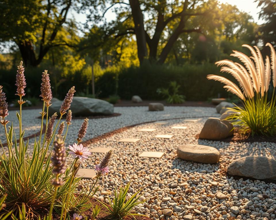A serene Kiesgarten in Germany, showcasing a beautifully arranged gravel garden with harmoniously placed pebbles and rocks. In the foreground, delicate flowering plants such as lavender and ornamental grasses sway gently. The middle ground displays a carefully landscaped area with varying textures of gravel and larger stones, creating natural pathways. In the background, softly swaying trees provide dappled sunlight filtering through, casting gentle shadows on the ground. The composition should convey a peaceful and inviting atmosphere, ideal for easy maintenance gardening. The scene is illuminated with soft, warm sunlight during golden hour, enhancing the earthy tones of the gravel and vegetation. The camera angle captures a slightly elevated view, allowing a comprehensive perspective of this low-maintenance garden design.