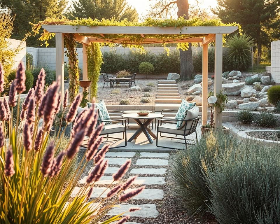 A serene and low-maintenance garden scene encapsulating the concept of "Pflegeleichten Garten gestalten." In the foreground, vibrant, drought-resistant plants such as lavender and ornamental grasses sway gently in the breeze. In the middle ground, a cozy seating area features a small, modern table surrounded by comfortable chairs, shaded by an elegant pergola adorned with climbing greenery. The background showcases a simple stone pathway leading to a rock garden, with carefully placed boulders and succulents strategically arranged for visual appeal. The lighting is warm and golden, reminiscent of late afternoon sun, creating a tranquil and inviting atmosphere. The scene is captured from a slightly elevated angle, offering a panoramic view that emphasizes the harmony and ease of maintaining this peaceful garden space.