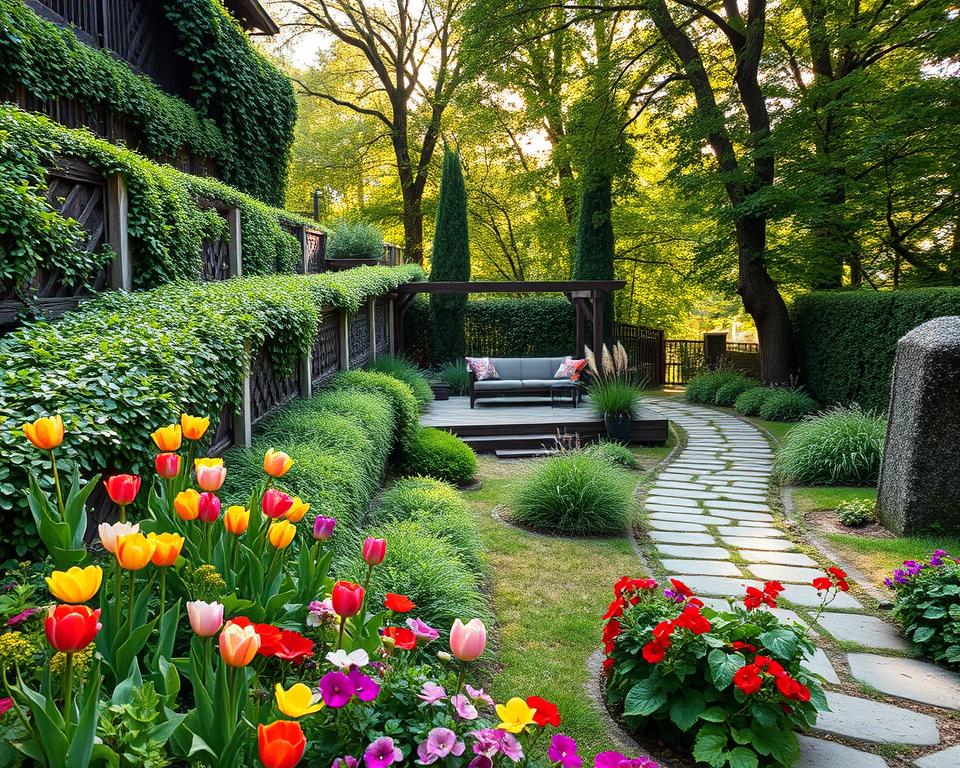A serene and lush "Hanggarten" (hanging garden) with tiered greenery cascading down a gentle slope. In the foreground, vibrant flowering plants in various colors, such as tulips and geraniums, frame the garden's edge. The middle ground features a wooden patio with a comfortable seating area, surrounded by ornamental grasses and climbing vines. In the background, soft sunlight filters through lush trees, creating a dappled effect on the pathways made of natural stone. Capture this scene from a slightly elevated angle to emphasize the layers of the garden. The mood is tranquil and inviting, perfect for relaxation and enjoyment of nature. The overall lighting is warm and inviting, enhancing the rich colors of the plants and the natural elements. A serene and lush "Hanggarten" (hanging garden) with tiered greenery cascading down a gentle slope. In the foreground, vibrant flowering plants in various colors, such as tulips and geraniums, frame the garden's edge. The middle ground features a wooden patio with a comfortable seating area, surrounded by ornamental grasses and climbing vines. In the background, soft sunlight filters through lush trees, creating a dappled effect on the pathways made of natural stone. Capture this scene from a slightly elevated angle to emphasize the layers of the garden. The mood is tranquil and inviting, perfect for relaxation and enjoyment of nature. The overall lighting is warm and inviting, enhancing the rich colors of the plants and the natural elements.