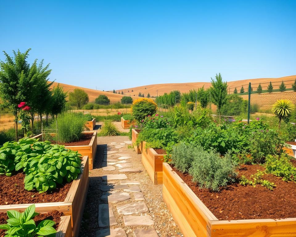 A serene and well-organized easy-care vegetable garden, showcasing raised beds filled with lush herbs such as basil, rosemary, and thyme. In the foreground, a variety of raised garden beds with rich soil and vibrant green plants, judiciously spaced to reflect effective crop rotation. In the middle ground, a tidy garden path made of rustic stones, flanked by colorful flowering plants that attract pollinators. The background features a gently sloping landscape under a clear blue sky, softly illuminated by warm daylight with natural shadows. The atmosphere is calm and inviting, demonstrating a harmonious blend of aesthetics and functionality in home gardening. The image captures the essence of an easily manageable vegetable garden without any text or distractions.