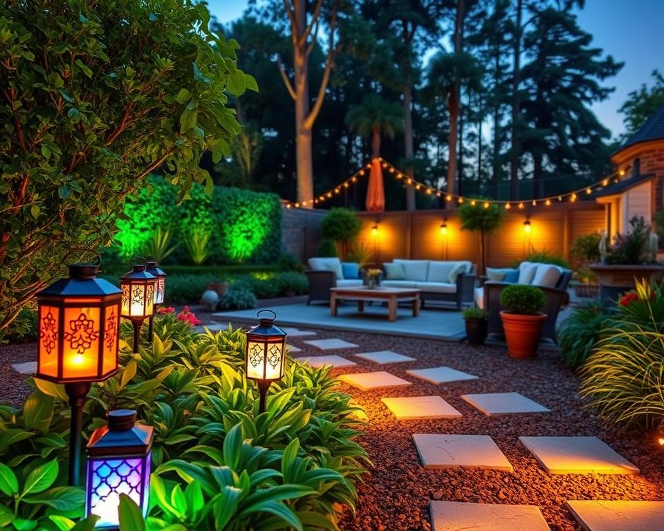 A serene family garden at twilight, featuring vibrant LED garden lights illuminating pathways and flower beds with soft, colorful glows. In the foreground, decorative solar lanterns sit among lush greenery, casting delicate shadows on the ground. The middle ground showcases a beautifully arranged seating area with comfortable outdoor furniture, surrounded by potted plants and a small water feature. In the background, tall trees frame the scene, their silhouettes highlighted by subtle lighting. The atmosphere is cozy and inviting, encouraging family gatherings. Use a wide-angle lens to capture the expansive view, with warm tones and a gentle dusk light creating a magical ambiance. A serene family garden at twilight, featuring vibrant LED garden lights illuminating pathways and flower beds with soft, colorful glows. In the foreground, decorative solar lanterns sit among lush greenery, casting delicate shadows on the ground. The middle ground showcases a beautifully arranged seating area with comfortable outdoor furniture, surrounded by potted plants and a small water feature. In the background, tall trees frame the scene, their silhouettes highlighted by subtle lighting. The atmosphere is cozy and inviting, encouraging family gatherings. Use a wide-angle lens to capture the expansive view, with warm tones and a gentle dusk light creating a magical ambiance.