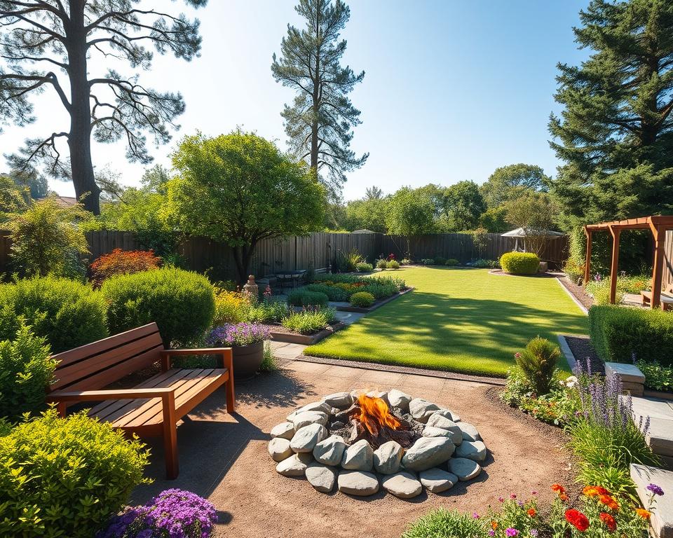 A serene family garden designed for low maintenance and leisure, featuring lush green shrubs, vibrant perennials, and colorful flowers. In the foreground, there is a comfortable seating area with a modern wooden bench and a cozy fire pit surrounded by decorative stones. The middle ground showcases an organized vegetable patch and an easy-care lawn, perfect for children to play on. In the background, tall trees provide shade and create a tranquil atmosphere, while a clear blue sky filters sunlight, casting gentle shadows. Capture this scene from a slightly elevated angle to emphasize the layout and connectivity of the garden elements, evoking a feeling of relaxation and joy in outdoor family life. A serene family garden designed for low maintenance and leisure, featuring lush green shrubs, vibrant perennials, and colorful flowers. In the foreground, there is a comfortable seating area with a modern wooden bench and a cozy fire pit surrounded by decorative stones. The middle ground showcases an organized vegetable patch and an easy-care lawn, perfect for children to play on. In the background, tall trees provide shade and create a tranquil atmosphere, while a clear blue sky filters sunlight, casting gentle shadows. Capture this scene from a slightly elevated angle to emphasize the layout and connectivity of the garden elements, evoking a feeling of relaxation and joy in outdoor family life.
