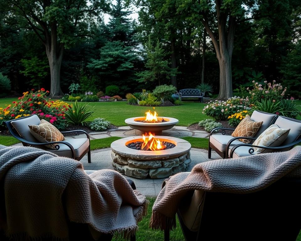 A serene garden scene centered around a beautiful fire pit, surrounded by comfortable outdoor seating. In the foreground, soft, textured blankets and decorative pillows are placed on lounge chairs, inviting relaxation. The middle ground showcases a circular stone fire pit, gently glowing with warm flames, casting a soft light. The background features lush greenery and colorful garden flowers, under the shade of tall trees. The atmosphere is tranquil and cozy, perfect for an evening gathering. The lighting is warm and inviting, simulating a sunset glow, while the angle captures a slightly elevated view, giving depth to the setting. The image conveys a peaceful, inviting mood, ideal for a relaxation oasis.
