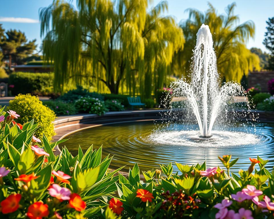 A serene garden scene featuring a captivating water feature, such as a stylish fountain or a small pond with gentle ripples. In the foreground, lush green plants surround the water, with colorful flowers adding bursts of color. The middle ground showcases the fountain, spraying water gracefully into the air, with sunlight catching the droplets and creating a sparkling effect. The background features softly swaying willow trees and a clear blue sky, enhancing the tranquil atmosphere. The image is bathed in warm, soft sunlight, evoking a sense of peace. Capture this scene from a slightly elevated angle to provide depth and a panoramic view of the garden oasis, inviting viewers to envision relaxation and harmony with nature.