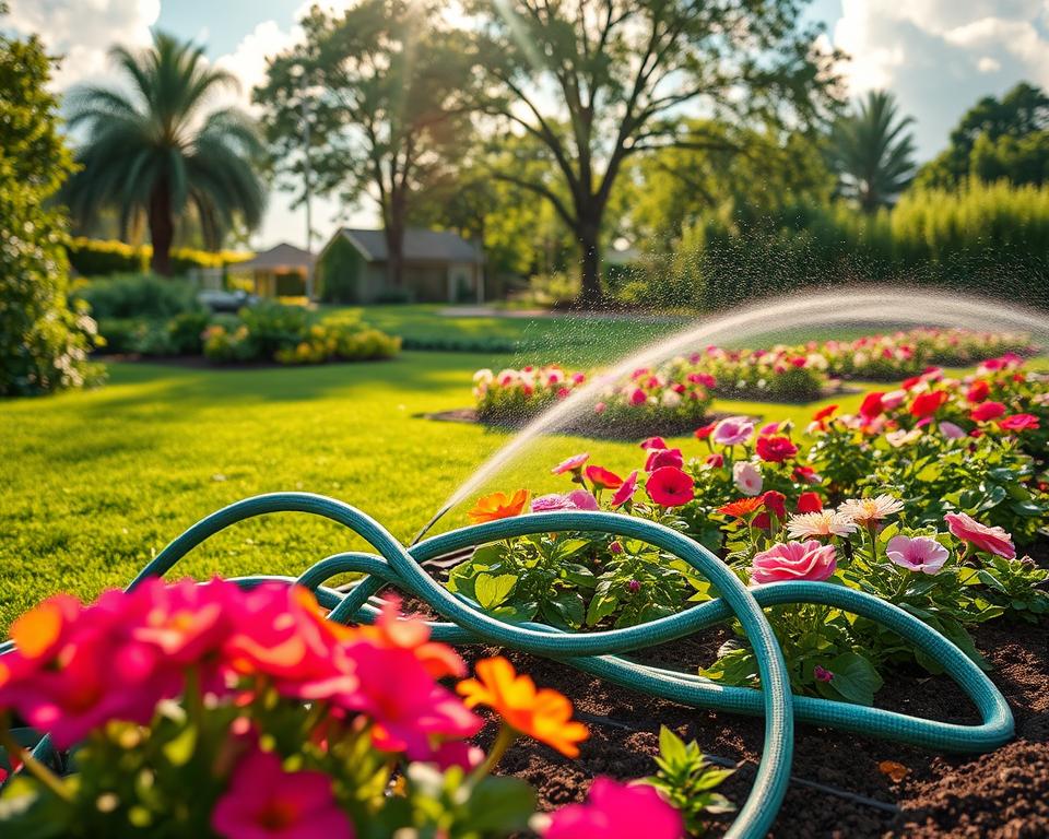 A serene garden scene featuring a smart irrigation system in action, focusing on a modern, efficient setup. In the foreground, a watering hose intricately winding among vibrant flower beds, showcasing a variety of colorful blossoms. The middle ground reveals a lush green lawn and neatly arranged vegetable patches, demonstrating sustainable gardening practices. In the background, a soft, sunlit sky with fluffy clouds enhances the tranquil atmosphere, while sunlight filters through the leaves of nearby trees. The image is captured from a low angle, emphasizing the rich textures of the soil and plants, giving a sense of depth. Aim for a warm, inviting mood that encourages smart watering solutions for any aspiring gardener. A serene garden scene featuring a smart irrigation system in action, focusing on a modern, efficient setup. In the foreground, a watering hose intricately winding among vibrant flower beds, showcasing a variety of colorful blossoms. The middle ground reveals a lush green lawn and neatly arranged vegetable patches, demonstrating sustainable gardening practices. In the background, a soft, sunlit sky with fluffy clouds enhances the tranquil atmosphere, while sunlight filters through the leaves of nearby trees. The image is captured from a low angle, emphasizing the rich textures of the soil and plants, giving a sense of depth. Aim for a warm, inviting mood that encourages smart watering solutions for any aspiring gardener.