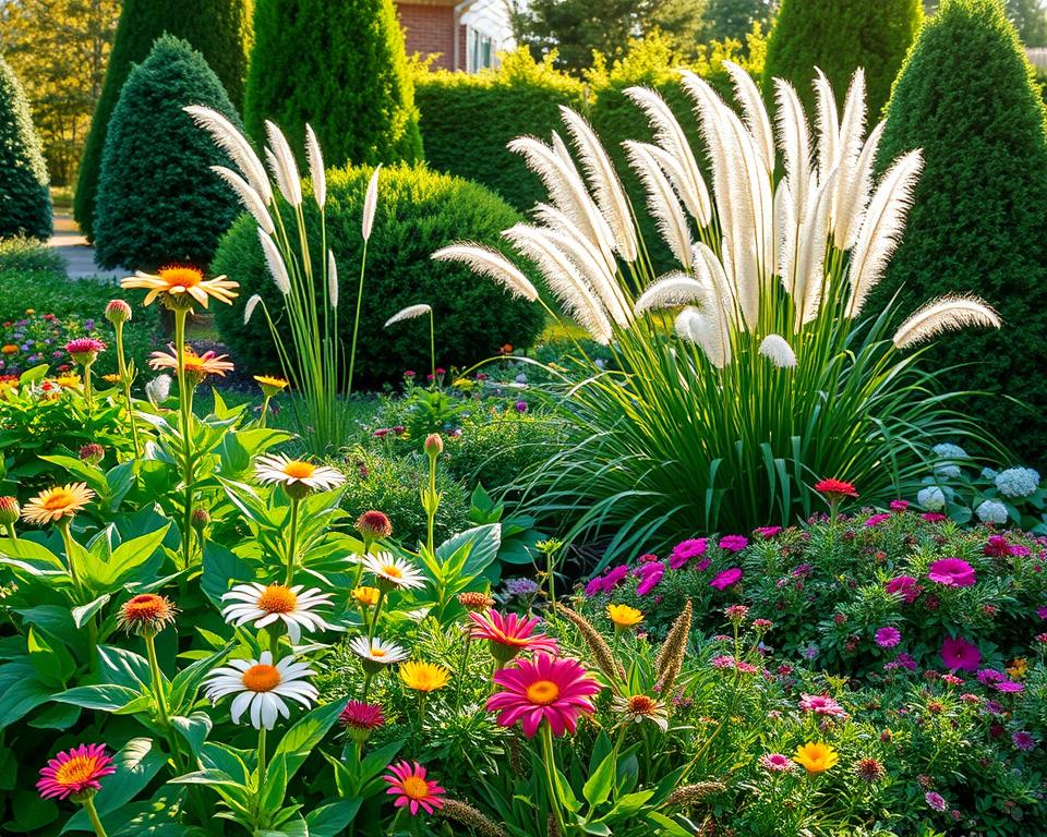 A serene garden scene featuring robust perennial plants that thrive with minimal care. In the foreground, showcase an assortment of vibrant perennials with lush green foliage and colorful blossoms, such as coneflowers, daylilies, and sedums. The middle ground features ornamental grasses with graceful, feathery plumes dancing in a gentle breeze, adding texture and movement. In the background, well-structured shrubs provide a sense of depth and sustainability, including boxwood and hydrangeas. Soft, golden sunlight filters through the foliage, casting gentle shadows and creating a warm, inviting atmosphere. The camera angle is slightly elevated, capturing the harmonious arrangement of plants while maintaining an emphasis on their resilience and beauty. No text or watermarks present.