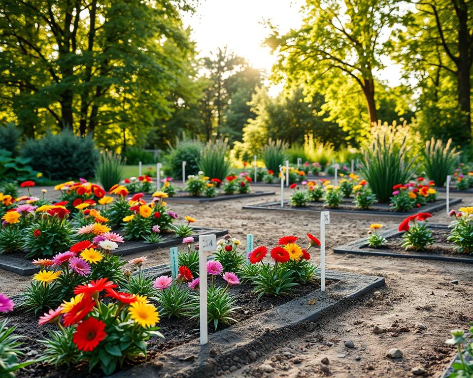 A serene garden scene focusing on the concept of plant spacing for easy-care flower beds. In the foreground, a well-arranged layout of colorful perennial flowers, with clear markers indicating optimal planting distances. The middle ground features freshly tilled soil, with neatly delineated garden beds and natural edges formed by small stones or wood. In the background, lush green foliage under soft, warm sunlight filtering through trees, creating a tranquil atmosphere. The scene is captured from a slightly elevated angle to provide a comprehensive view of the planting arrangement. The lens should give a crisp, focused detail on the flowers while maintaining a soft blur on distant elements, evoking a sense of calm and order in garden design.
