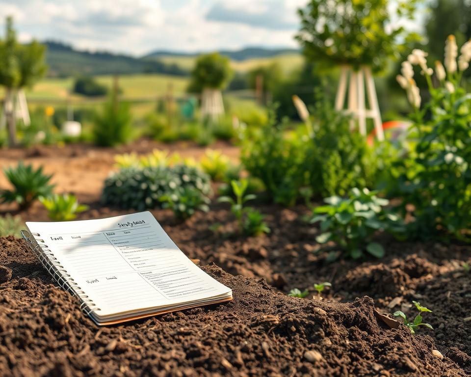 A serene garden scene in Germany illustrating a comprehensive site analysis for gardening, focusing on soil, light, and climate. In the foreground, a detailed gardener’s notebook rests on a well-tilled patch of earth, showcasing soil texture and moisture. The middle ground features a variety of plant species demonstrating optimal sunlight exposure, with one side exhibiting bright sunlight and the other in partial shade. In the background, distinguishable climate zones are depicted with rolling hills and varying weather patterns, symbolizing different microclimates. Soft, natural lighting enhances the earthy color palette, creating a calm and inviting atmosphere. The angle is slightly elevated, providing a clear view of the garden layout and elements. The scene captures the essence of thoughtful garden planning in a picturesque German landscape.