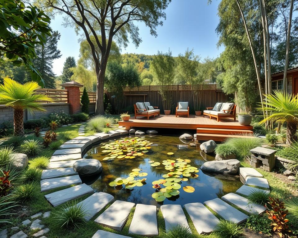 A serene garden scene showcasing a harmonious blend of styles: modern, Mediterranean, natural, and Japanese. In the foreground, intricately designed stone paths meander through lush greenery and ornamental plants. A tranquil pond reflects vibrant aquatic flora, surrounded by carefully placed boulders. The middle ground features a contemporary wooden deck adorned with comfortable seating, inviting relaxation. In the background, tall trees and bamboo create a sense of privacy, while soft sunlight filters through the leaves, casting gentle shadows. The sky is clear, promoting a calm and welcoming atmosphere. Use a wide-angle perspective to capture the entirety of this peaceful oasis, with natural lighting enhancing the colors and textures of the plants.