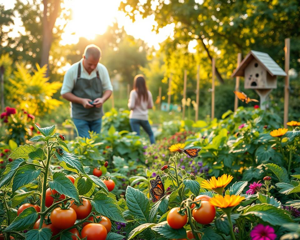 A serene garden scene showcasing biological pest control methods, with a diverse array of plants such as tomatoes, herbs, and flowers in vibrant colors. In the foreground, a farmer in modest casual clothing gently inspects leafy greens, using a magnifying glass to examine for pests. Further back, an insect hotel made of natural materials stands, attracting beneficial insects. The middle ground features a variety of companion plants strategically placed to deter pests, with ladybugs and butterflies flitting about, symbolizing a healthy ecosystem. In the background, a soft sun casts warm golden light through lush, green trees, creating a peaceful and harmonious atmosphere. The overall mood should reflect sustainability and the beauty of organic gardening. A serene garden scene showcasing biological pest control methods, with a diverse array of plants such as tomatoes, herbs, and flowers in vibrant colors. In the foreground, a farmer in modest casual clothing gently inspects leafy greens, using a magnifying glass to examine for pests. Further back, an insect hotel made of natural materials stands, attracting beneficial insects. The middle ground features a variety of companion plants strategically placed to deter pests, with ladybugs and butterflies flitting about, symbolizing a healthy ecosystem. In the background, a soft sun casts warm golden light through lush, green trees, creating a peaceful and harmonious atmosphere. The overall mood should reflect sustainability and the beauty of organic gardening.