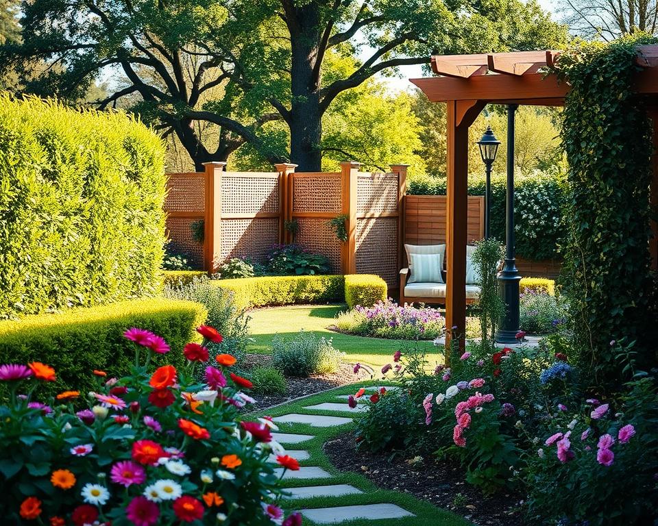 A serene garden scene showcasing various types of privacy screens, including lush hedges, elegant wooden fences, and a stylish pergola covered in climbing plants. In the foreground, a vibrant mix of flowers in full bloom enhances the atmosphere, while a small path leads toward the central structures. The middle ground features the privacy screens strategically placed to create intimate garden spaces, allowing glimpses of nature beyond. The background reveals a softly blurred, sunlit garden with trees providing a natural backdrop. The lighting is warm and inviting, reminiscent of a late afternoon sun, casting gentle shadows that enhance the tranquility. The overall mood is peaceful and harmonious, emphasizing the beauty and functionality of garden structures in a mix garden setting. A serene garden scene showcasing various types of privacy screens, including lush hedges, elegant wooden fences, and a stylish pergola covered in climbing plants. In the foreground, a vibrant mix of flowers in full bloom enhances the atmosphere, while a small path leads toward the central structures. The middle ground features the privacy screens strategically placed to create intimate garden spaces, allowing glimpses of nature beyond. The background reveals a softly blurred, sunlit garden with trees providing a natural backdrop. The lighting is warm and inviting, reminiscent of a late afternoon sun, casting gentle shadows that enhance the tranquility. The overall mood is peaceful and harmonious, emphasizing the beauty and functionality of garden structures in a mix garden setting.