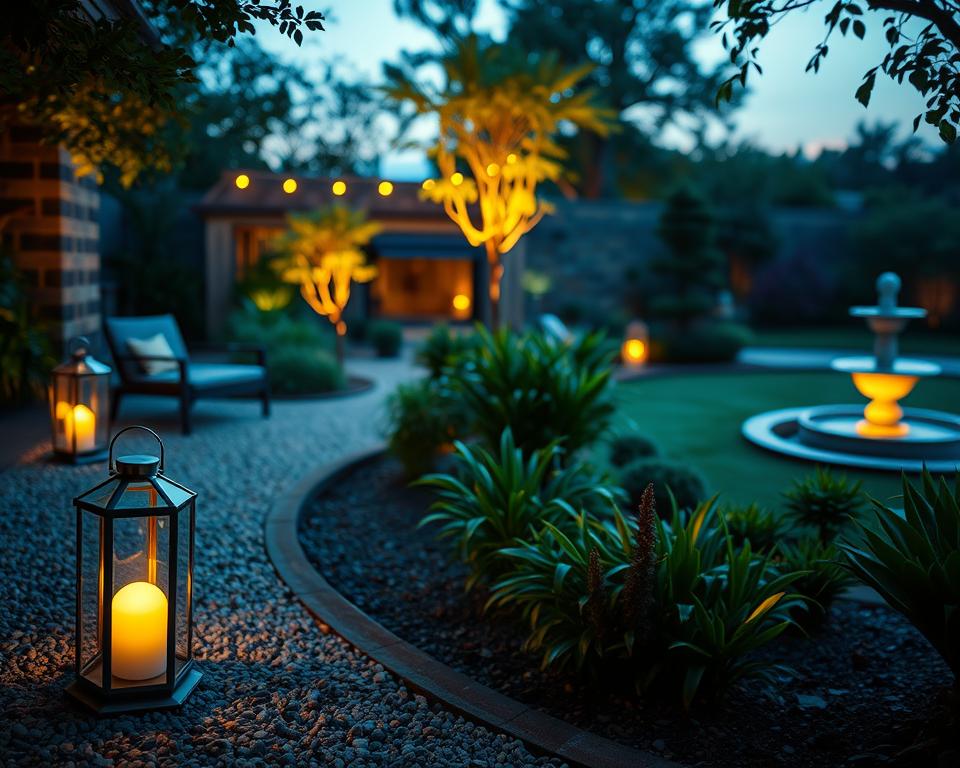 A serene garden setting at dusk, featuring indirect lighting that creates a soft, inviting atmosphere. In the foreground, delicate lanterns with warm, ambient light line a winding gravel path, leading to a cozy sitting area. In the middle ground, lush greenery and ornamental plants are illuminated subtly, casting gentle shadows. The background reveals a tranquil garden with a small fountain, softly glowing under the evening sky. The scene is captured with a wide-angle lens, emphasizing depth and inviting viewers into this peaceful oasis. The mood is calm and relaxing, perfect for unwinding at the end of the day.