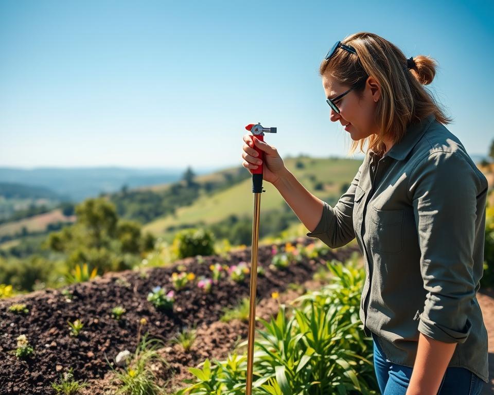 A serene hillside garden scene depicting the process of measuring slope inclination. In the foreground, a professional woman in modest casual clothing uses a handheld clinometer, focused and carefully assessing the land’s angle. The middle ground features lush greenery, with flowers and shrubs planted strategically along the slope, showcasing various soil compositions. The background displays a gently rolling landscape under a clear blue sky, with distant hills fading into soft-focus. The lighting is bright and natural, suggesting a sunny day, enhancing the vibrant colors of the plants. Capture a calm and informative atmosphere that conveys careful consideration of the environment, perfect for a gardening article. A serene hillside garden scene depicting the process of measuring slope inclination. In the foreground, a professional woman in modest casual clothing uses a handheld clinometer, focused and carefully assessing the land’s angle. The middle ground features lush greenery, with flowers and shrubs planted strategically along the slope, showcasing various soil compositions. The background displays a gently rolling landscape under a clear blue sky, with distant hills fading into soft-focus. The lighting is bright and natural, suggesting a sunny day, enhancing the vibrant colors of the plants. Capture a calm and informative atmosphere that conveys careful consideration of the environment, perfect for a gardening article.