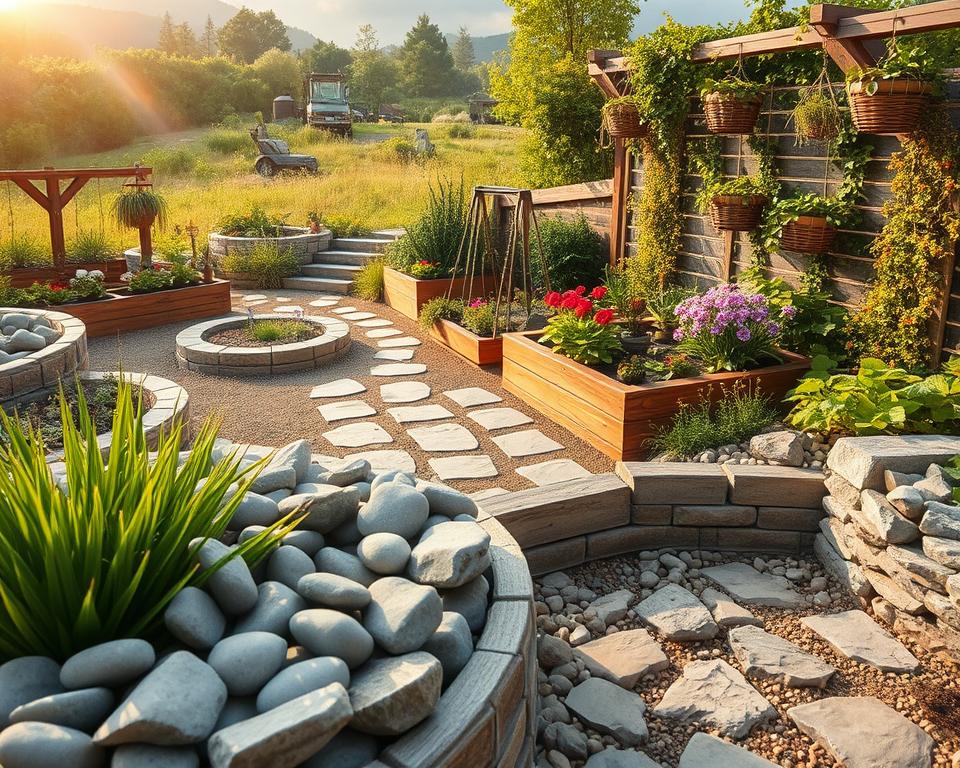 A serene landscape featuring a beautifully designed hanging garden. In the foreground, showcase a well-arranged display of natural stone materials and wooden elements, highlighting their textures and colors. Include gabions filled with smooth stones, adding a modern touch. In the middle ground, depict various structural elements of the garden, such as raised beds made of reclaimed wood and stone pathways winding through lush greenery. The background should feature a soft-focus view of vibrant flowers and lush plants, illuminated by golden hour sunlight, enhancing the warm atmosphere. Use a wide-angle lens to capture the expanse of the garden, with gentle gradients of green and earth tones to create a peaceful and inviting scene. Avoid any human presence to maintain focus on the materials and design. A serene landscape featuring a beautifully designed hanging garden. In the foreground, showcase a well-arranged display of natural stone materials and wooden elements, highlighting their textures and colors. Include gabions filled with smooth stones, adding a modern touch. In the middle ground, depict various structural elements of the garden, such as raised beds made of reclaimed wood and stone pathways winding through lush greenery. The background should feature a soft-focus view of vibrant flowers and lush plants, illuminated by golden hour sunlight, enhancing the warm atmosphere. Use a wide-angle lens to capture the expanse of the garden, with gentle gradients of green and earth tones to create a peaceful and inviting scene. Avoid any human presence to maintain focus on the materials and design.