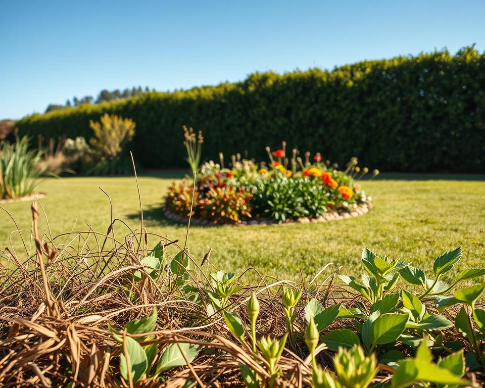 A serene, low-maintenance garden scene showcasing common mistakes made in garden design. In the foreground, a patch of withering plants tangled with weeds, illustrating a neglected section. The middle ground features an overly cluttered plant arrangement, where contrasting species are overcrowded, emphasizing lack of planning. The background displays a sunny, inviting landscape with an overgrown hedge, casting shadows. Soft, warm lighting enhances the tranquil atmosphere, while clear blue skies add brightness. The perspective is a slightly elevated angle, allowing for an expansive view of the garden's flaws. The mood conveys a sense of opportunity for improvement, encouraging viewers to reflect on effective gardening practices.